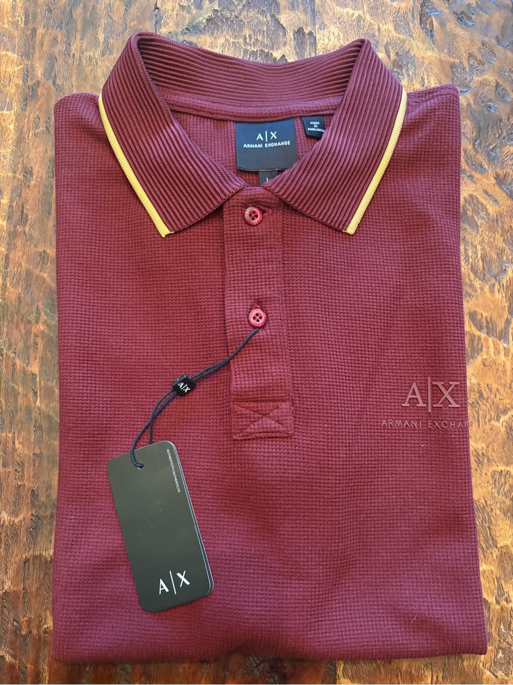 NWT Armani Exchange size L Burgandy Knit Polo with Mustard Collar Arm Trim
